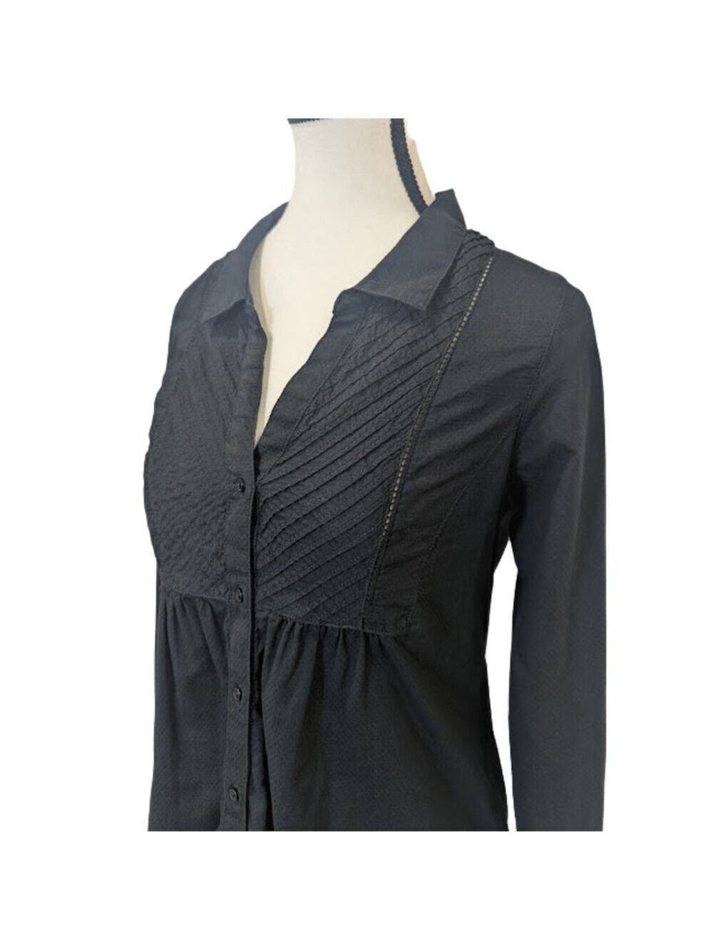 Prana Black Pintuck Button Front Blouse | Roll Tab Sleeves Quiet Chic | S